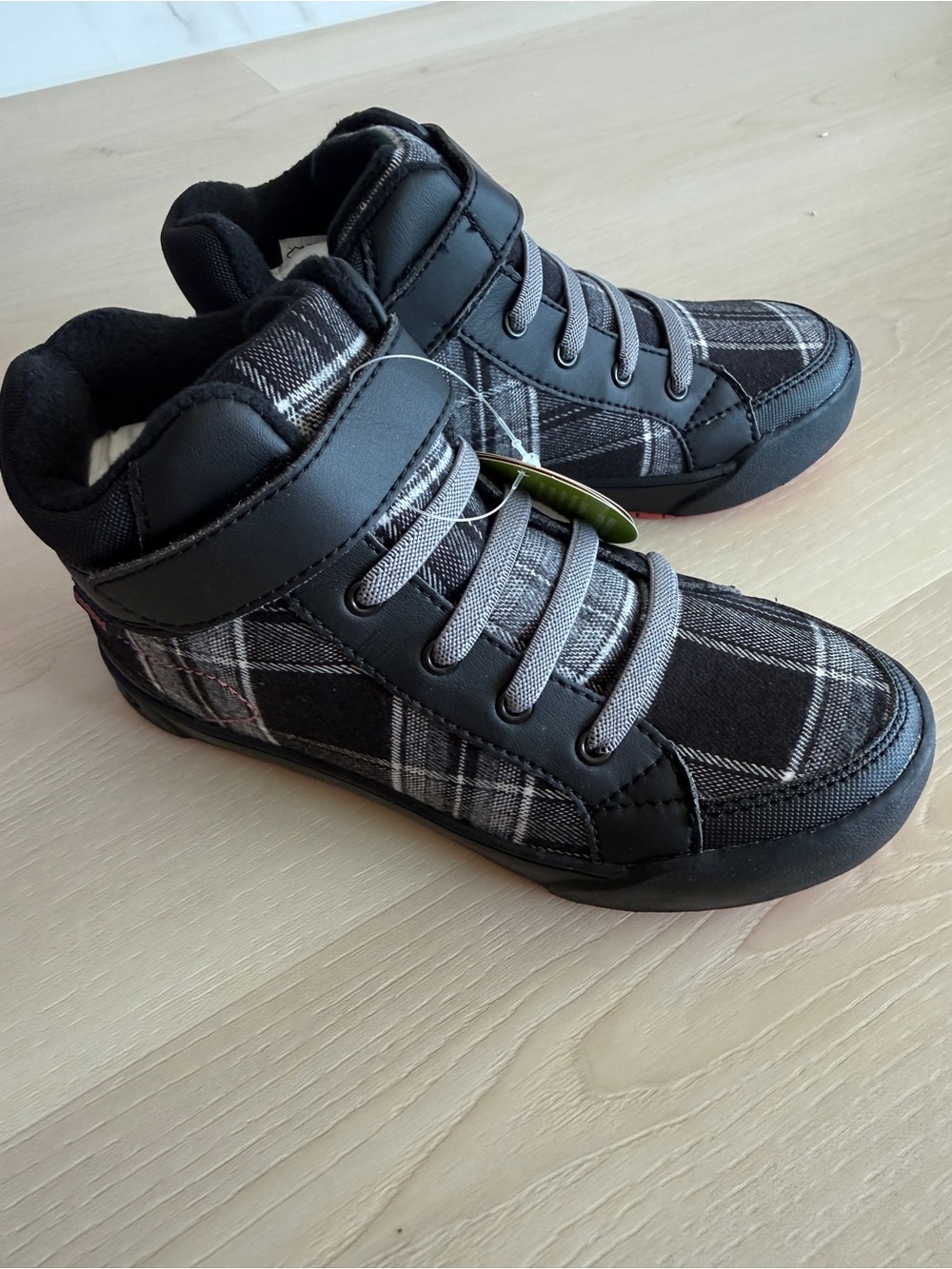 pediped Black Plaid High-Top Sneakers with Red Sole